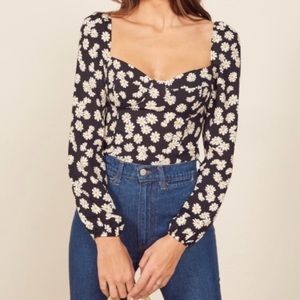 Reformation Black Daisy Long-Sleeve Sweetheart Top